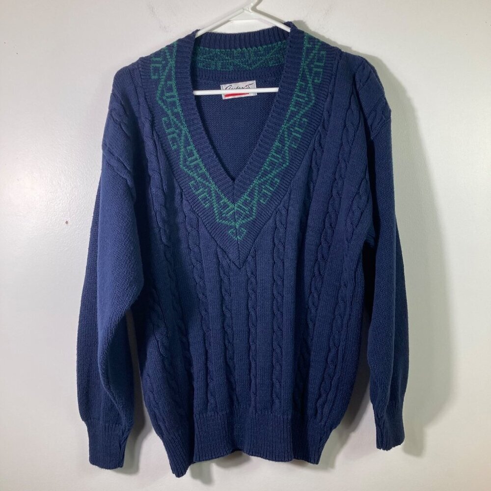 Womens Vintage Checkpoint V‎ Neck Navy Green Preppy Tennis Cable Sweater L